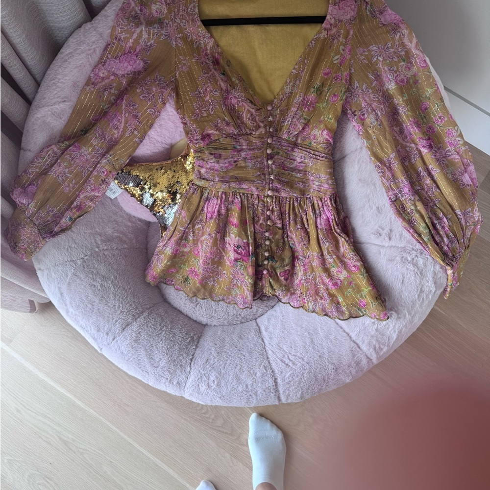 Hemant and Nandita Floral V-Neck Blouse with Pink and Gold Accents- size small